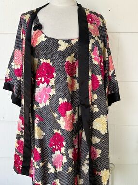 Vtg Sante Classics Robe & Nightgown Set Black Pink Floral Satin Lingerie Size Lg
